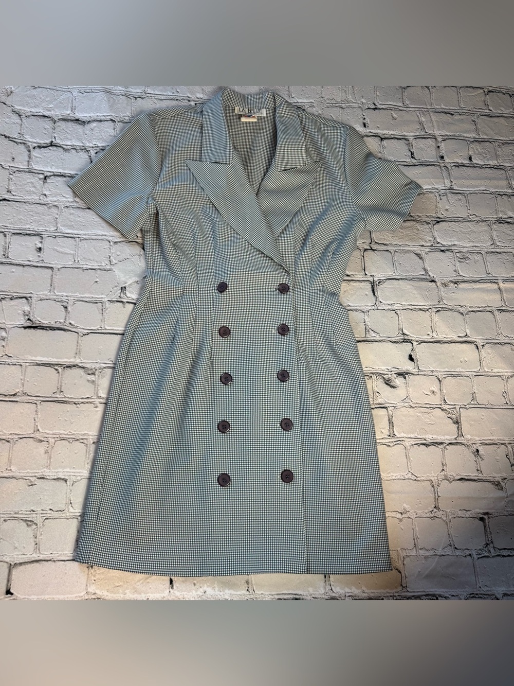 Vtg 90s La Belle Business Suit Style Mini Dress Blue & White Houndstooth Size S